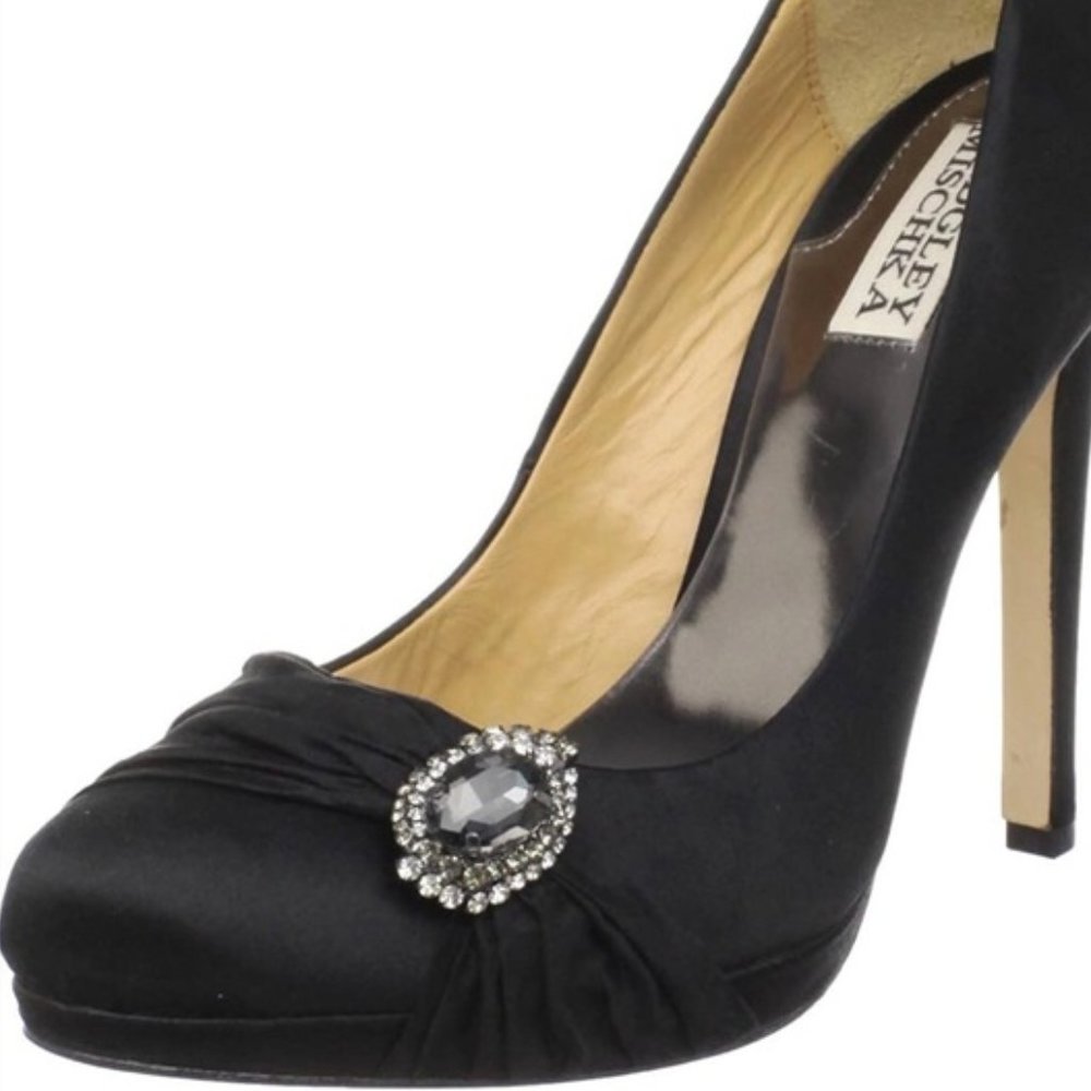 Badgley Mischka Odell Jeweled Black Satin Platform Pump, Size 8